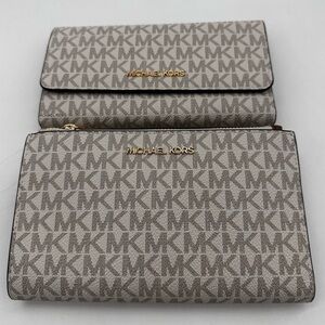 Michael Kors Large Double Zip Wallet Wristlet & Trifold Wallet Vanilla/Brown
